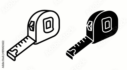 Detailed isometric measuring tape icon set featuring line and solid glyph styles on a white background, concept for engineering blueprints, home renovation services and industrial equipment branding