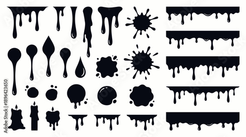 Large vector set of black dripping liquid, melt slime, ink drops and paint splatters silhouettes on white background, concept for graphic design, Halloween decoration and food packaging design