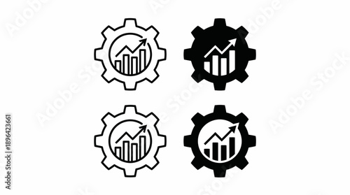 Four black-and-white vector icons depicting a gear with an internal increasing bar and line chart, concept for data analysis, business optimization and technical performance management