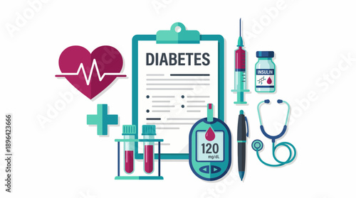 Diabetes management vector graphic featuring glucometer, insulin, stethoscope, heart rate and medical chart, concept for medical websites, health brochures and clinical reports
