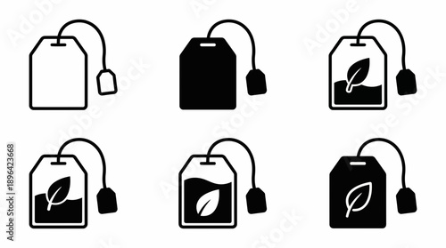 Six black/white vector icons of tea bags showing outline, solid fill and steeping leaf effects, concept for beverage menus, organic packaging and web design elements