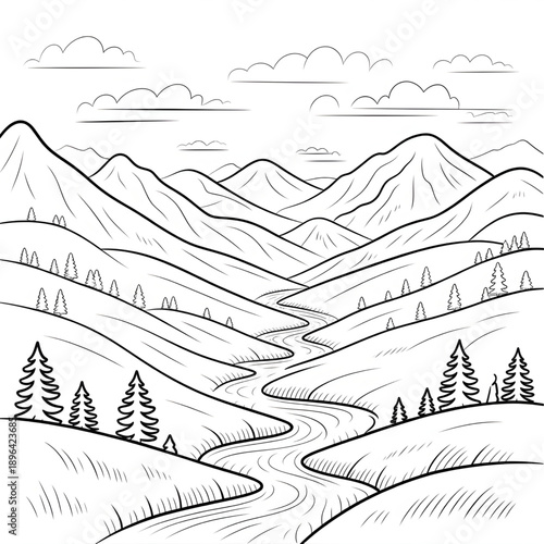 Mountain Valley River Landscape Line Art Illustration coloring page 