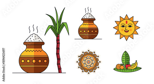 Happy Pongal Icons: Sugarcane, Rice Pot, Sun, Kolam, Fruits - Harvest Festival Celebration