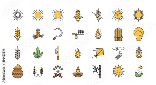 Harvest Icons: Wheat, Sun, Sickle, Kite, Fire, Clay Pot, Oil Lamp, Bamboo