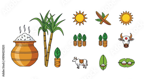Pongal Festival Icons: Sugarcane, Pot, Sun, Cow, Carrot, Banana Leaf