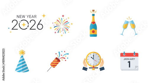 New Year 2026 Celebration Icons: Champagne, Fireworks, Party Hat, Calendar