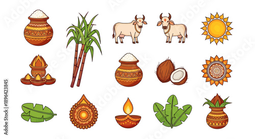 Pongal Festival Icons: Sugarcane, Cows, Pots, Sun, Lamp, Coconut, Banana Leaf
