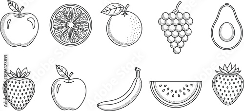 Hand drawn fruit line art icons set featuring apple orange banana strawberry grapes avocado watermelon vintage dotted engraving style illustration collection black white