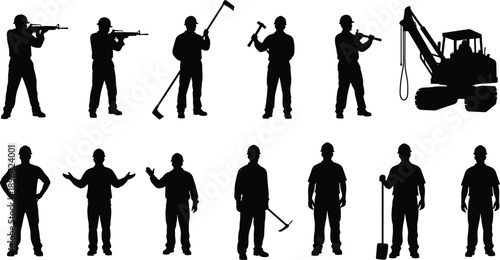 Industrial and construction worker silhouette set featuring manual labor poses, tools, heavy equipment, safety helmets, workforce activities, isolated black figures for industry and building concepts