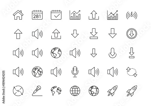 A grid of blackandwhite outline icons depicting various symbols