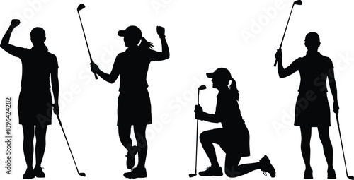 Female golfer silhouettes celebrating success, swinging clubs, and putting on the green, black and white vector illustration set representing golf sport, competition, fitness, and athletic achievement