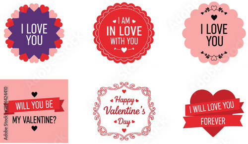 Valentine’s Day love badges and romantic labels collection with heart shapes, cute typography, and pastel colors, ideal for greeting cards, stickers, invitations, and holiday design projects