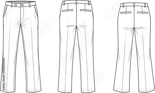 Men’s pants technical flat sketch showing front, back, and side views with clean line art, fashion illustration for apparel design, tailoring reference, and garment manufacturing use