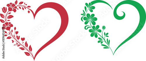 Red and green heart shapes with floral love valentines day flowers