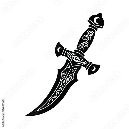 Ornate Black Dagger with Crescent Moon and Eye Motifs