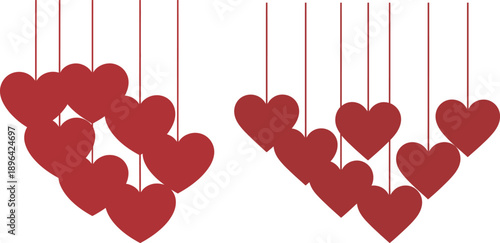 Red hearts on strings against white background hanging hearts heart shapes Valentine's day