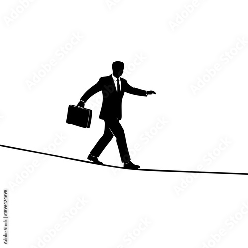 A businessman carefully walking on a thin red tightrope, symbolizing risk and balance in business