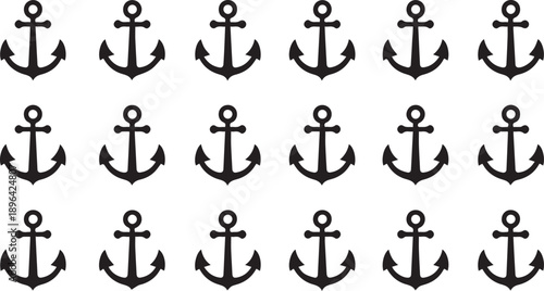 Anchor symbol pattern — black and white grid of 20 identical nautical icons for maritime, decorative, or design applications