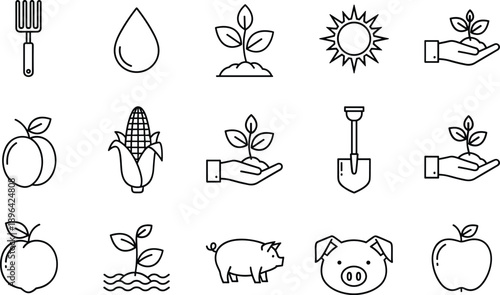 Agriculture and farming line icon set featuring plants crops tools fruits livestock water sun growth symbols minimalist outline vector illustration collection for organic eco themes