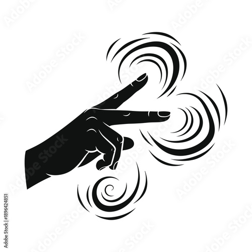 Black Silhouette Hand Activating Swirling Energy Waves Vector Illustration