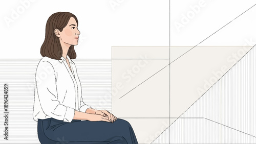 Young woman sitting calmly with eyes closed in a minimalist setting.