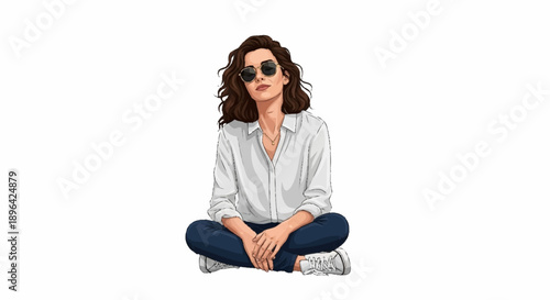 Young Woman Sitting Cross Legged Wearing Sunglasses and White Shirt.