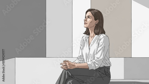 Young woman sitting indoors looking up thoughtfully.