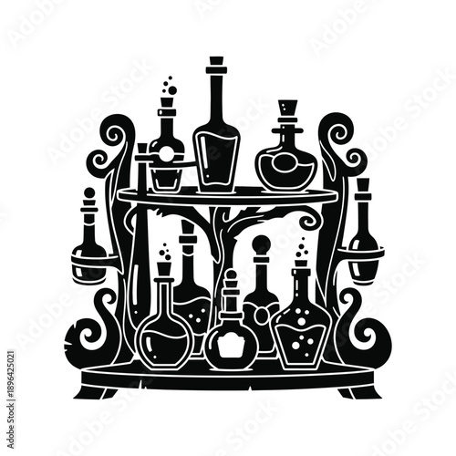 Stylized Silhouette of Potion Bottles on a Decorative Shelf
