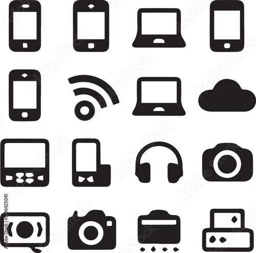 Technology icon set — black and white grid of 16 minimalist symbols including smartphone, laptop, camera, printer, and cloud