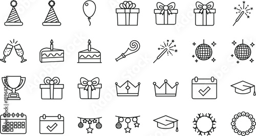 Celebration and achievement line icon set featuring party hats gifts cake fireworks trophies calendar graduation festive symbols minimalist outline vector illustration collection for events.eps