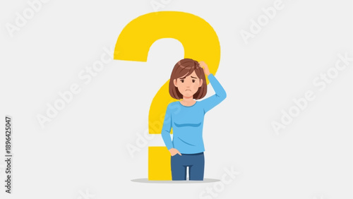 Young woman standing next to a large yellow question mark looking confused.