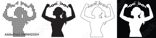 Woman breaking chains symbolizes freedom and strength