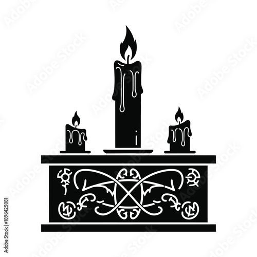 Black Silhouette of Candles on Ornate Occult Table Design Illustration
