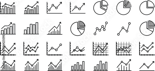 Business analytics line icon set featuring bar charts pie graphs growth arrows statistics dashboards data visualization elements minimalist outline vector illustration collection