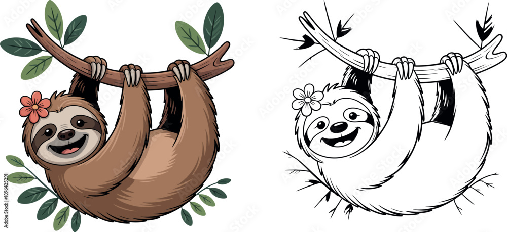 Fototapeta premium Smiling sloth hanging from branch with leaves and flower cartoon sloth hanging sloth
