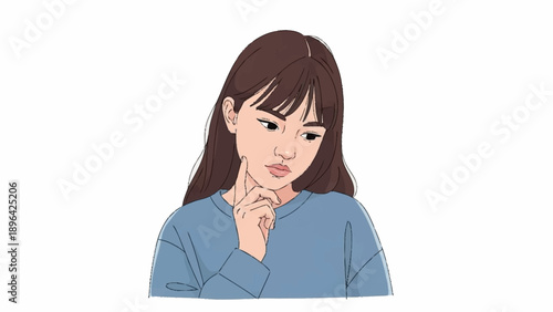 Young woman thinking with hand on chin illustration.