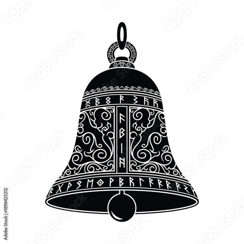 Intricate Black and White Bell with Ancient Runic Symbols and Filigree Design