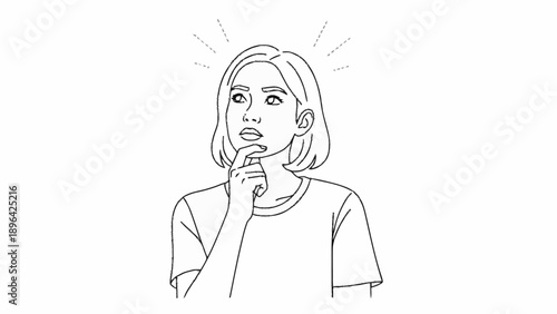 Young woman thinking with hand on chin illustration.