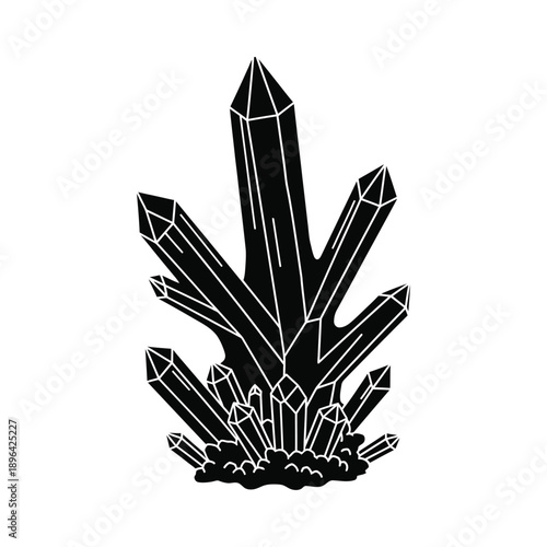 Black Silhouette of Crystalline Mineral Formation on White Background