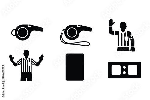 Sports Referee Icons: Whistles, Scoreboard, and Officials Signaling