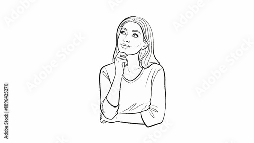 Young woman thinking with hand on chin looking up.