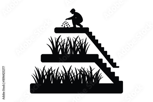 Gardener Tending Vertical Farm: Silhouette Illustration