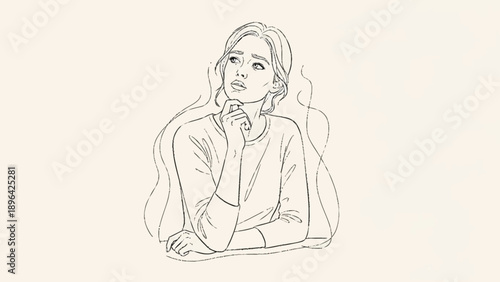 Young woman thinking with hand on chin line drawing.