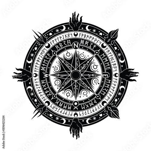 Mystic Black Vector Compass Rose with Runes, Hands, and Stars