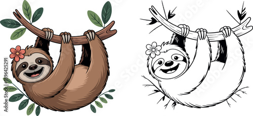 Smiling sloth hanging from branch with leaves and flower cartoon sloth hanging sloth