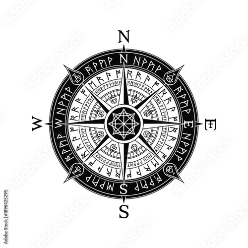 Black and White Runic Compass Rose with Ancient Nordic Symbols