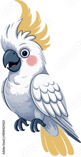 Smiling white cockatiel with yellow crest and tail feathers white bird gray beak pink cheek