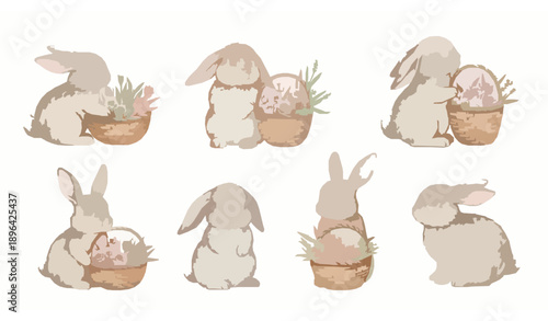 Cute watercolor rabbits with flower baskets spring vector set