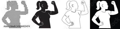 Woman flexing bicep showing strength and empowerment in various styles
