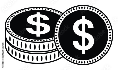 Black and White Illustration of Stacked Dollar Coins and a Single Dollar Coin